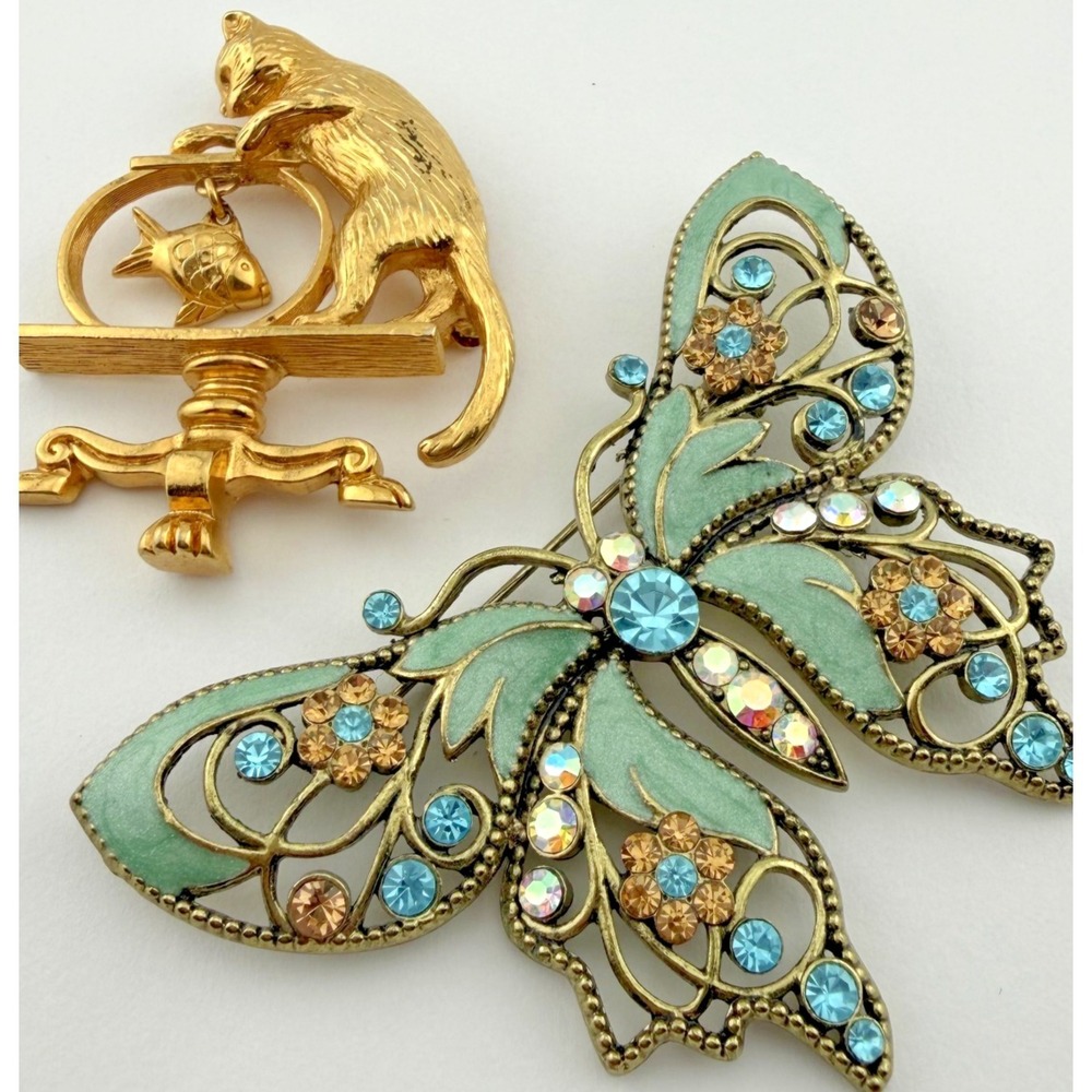 Vintage Avon Brooch Lot Cat Fishbowl Gold Tone & Green Enamel Butterfly Pin